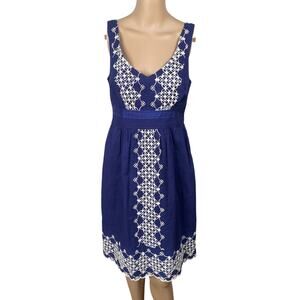 Anthropologie Y2K Blue White Embroidered Eyelet A-line Dress SZ XS